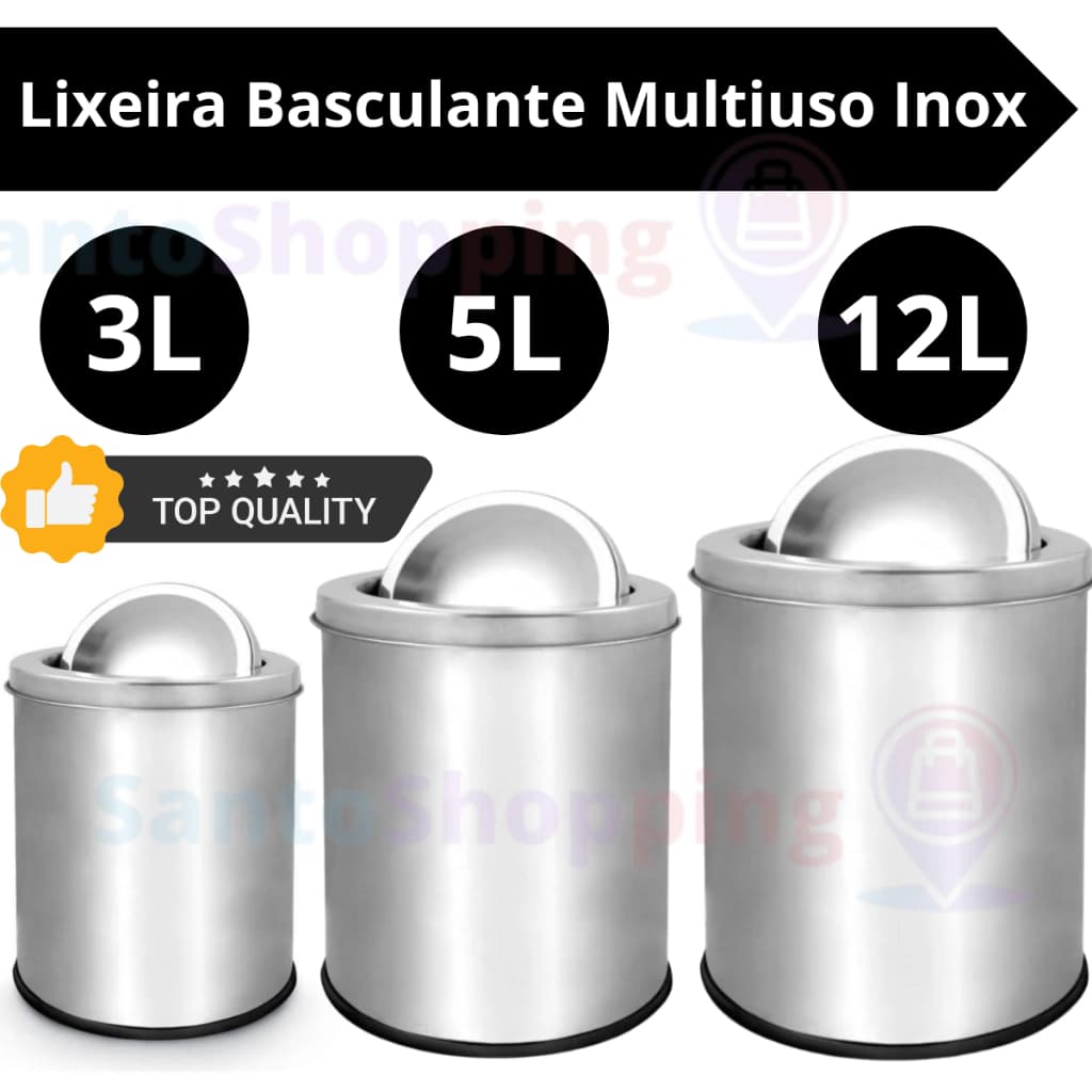 Lixeira Redonda Basculante Inox 3L 5L e 12 Litros - Cesto de Lixo Banheiro Cozinha Escritório