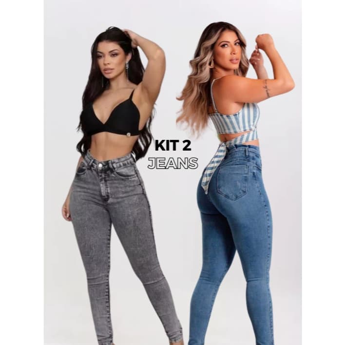Kit 2 Calças Jeans Femininas Cintura Alta com Lycra Empina Bumbum Skinny kit calça jeans feminina