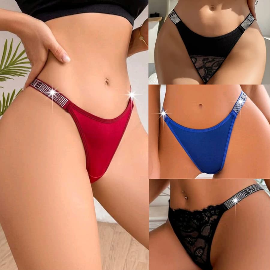 Calcinha Strass Love Kit 3 Tanga Fio Dental Sensual Feminina