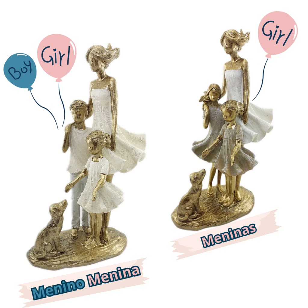 Escultura Mãe com casal de filhos - Estatueta Mae com duas meninas Familia Decorativa
