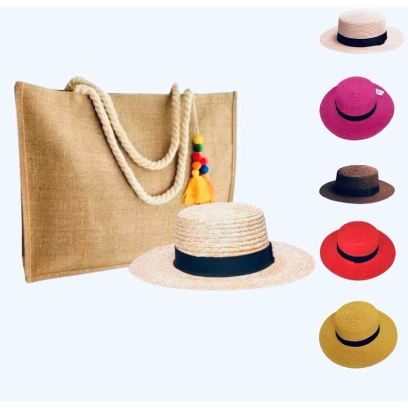 Kit Chapéu Paris E Bolsa Palha Juta Praia Verão Piscina mar