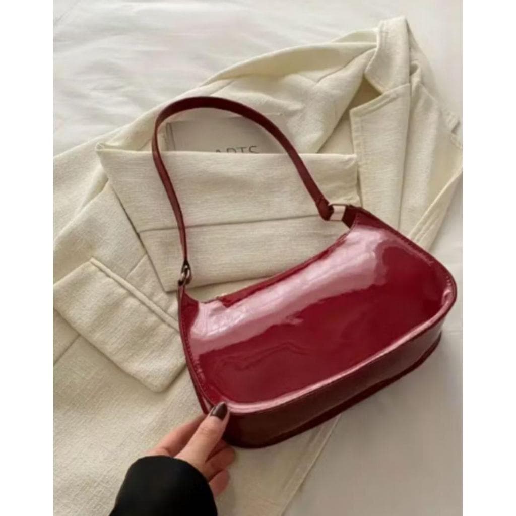 Bolsa Feminina Baguete de Ombro Brilhante com Fecho de Zíper