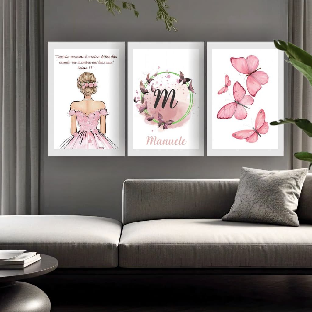 Quadros Decorativos Floral Salmos Aquarela Nome Personalizado Menina Borboleta Quarto