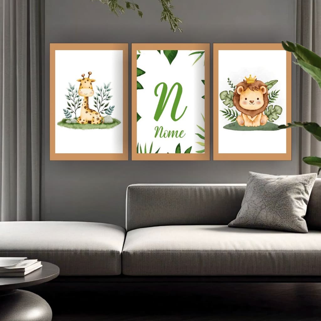 Quadros Decorativos 3 Peças safari fofo infantil nome personalizado Quarto
