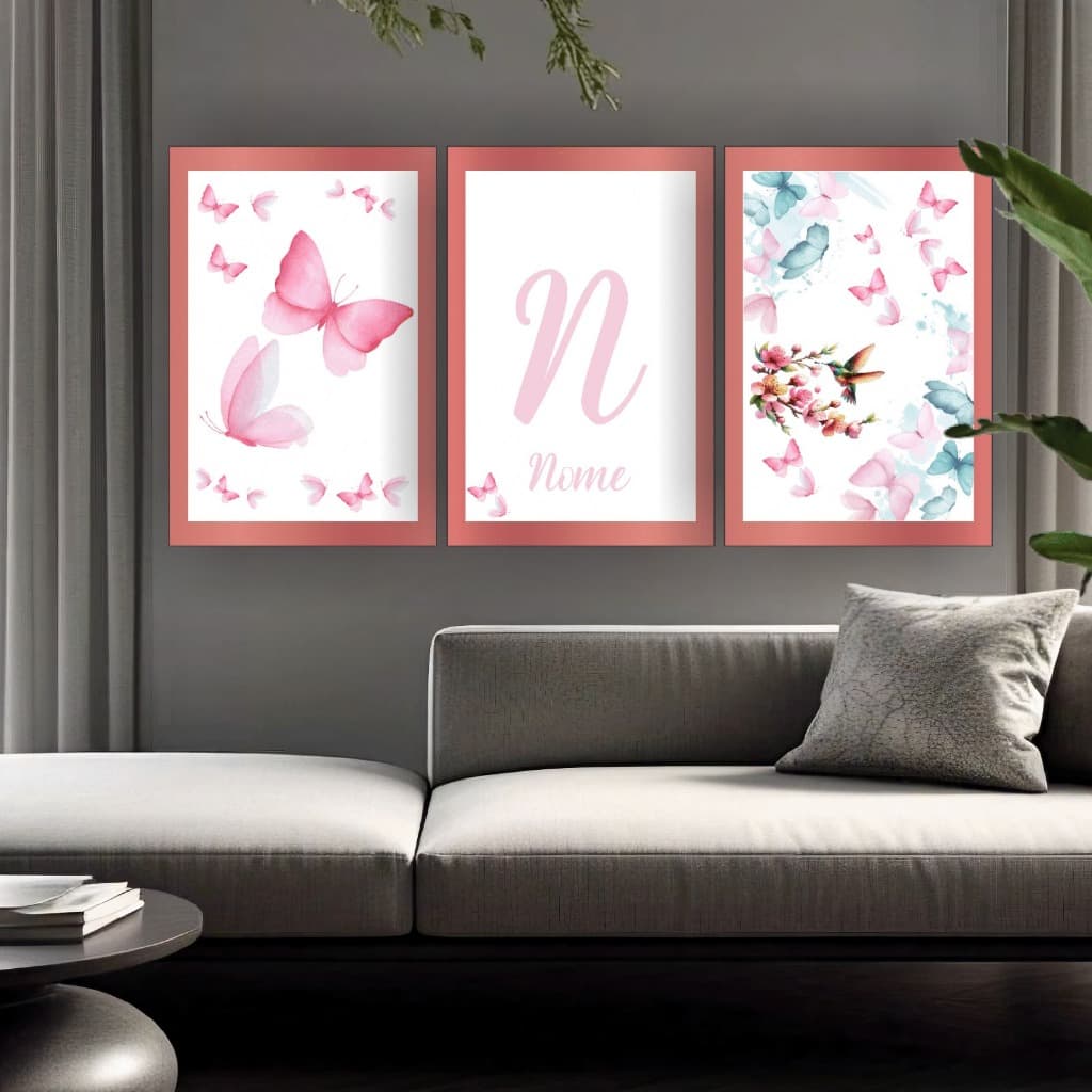 Quadros Decorativos 3 Peças 20x30 Borboletinha Menina Floral Nome Personalizado Quarto