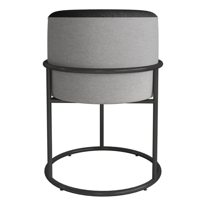 Puff Iron Argola Ferro Preto Fosco Banqueta Em Linho Cinza Couro Preto