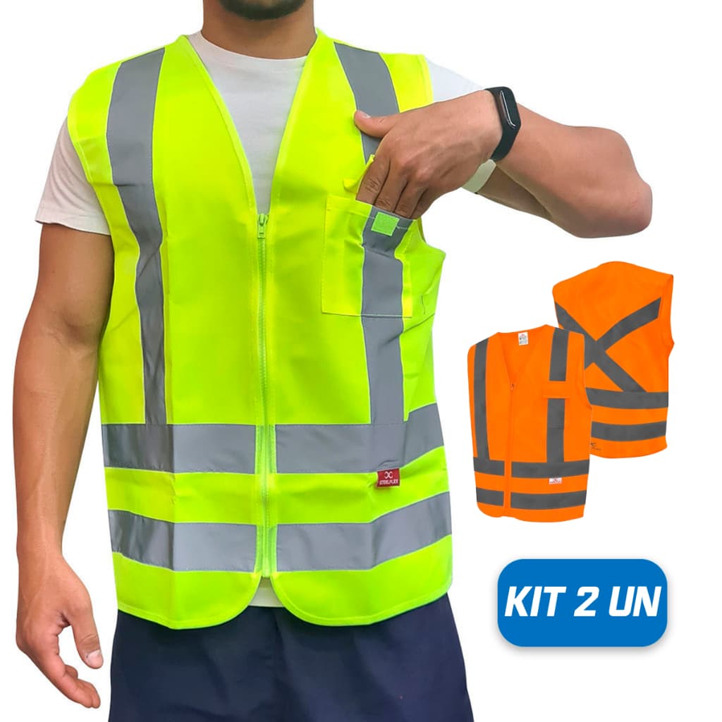 Kit 2 Coletes Refletivo Amarelo/Laranja Fluorescente com 1 Bolso SteelFlex
