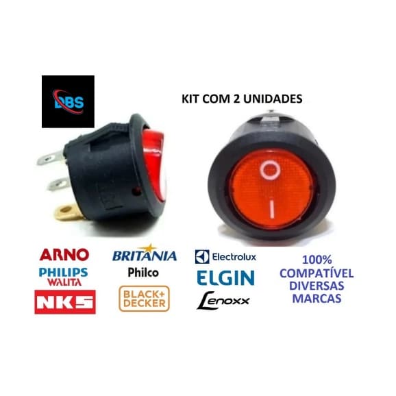 Kit com 2 Botões Interruptores Gangorra Redondos 3 Terminais com Led - serve em várias marcas