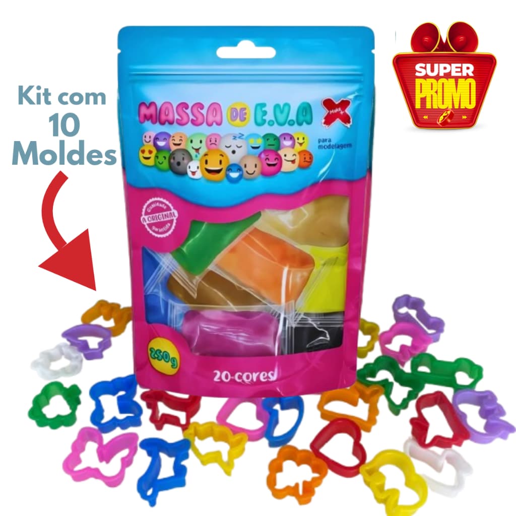 Kit Massinha de Modelar Infantil EVA com Forminhas Cores Vivas Macia Soft Make+ Criança