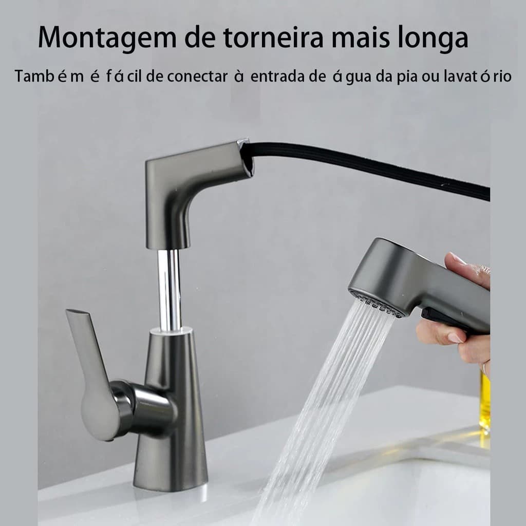 Torneira de banheiro retrátil e elevatória cinza Gun para pia de bancada de banheiro