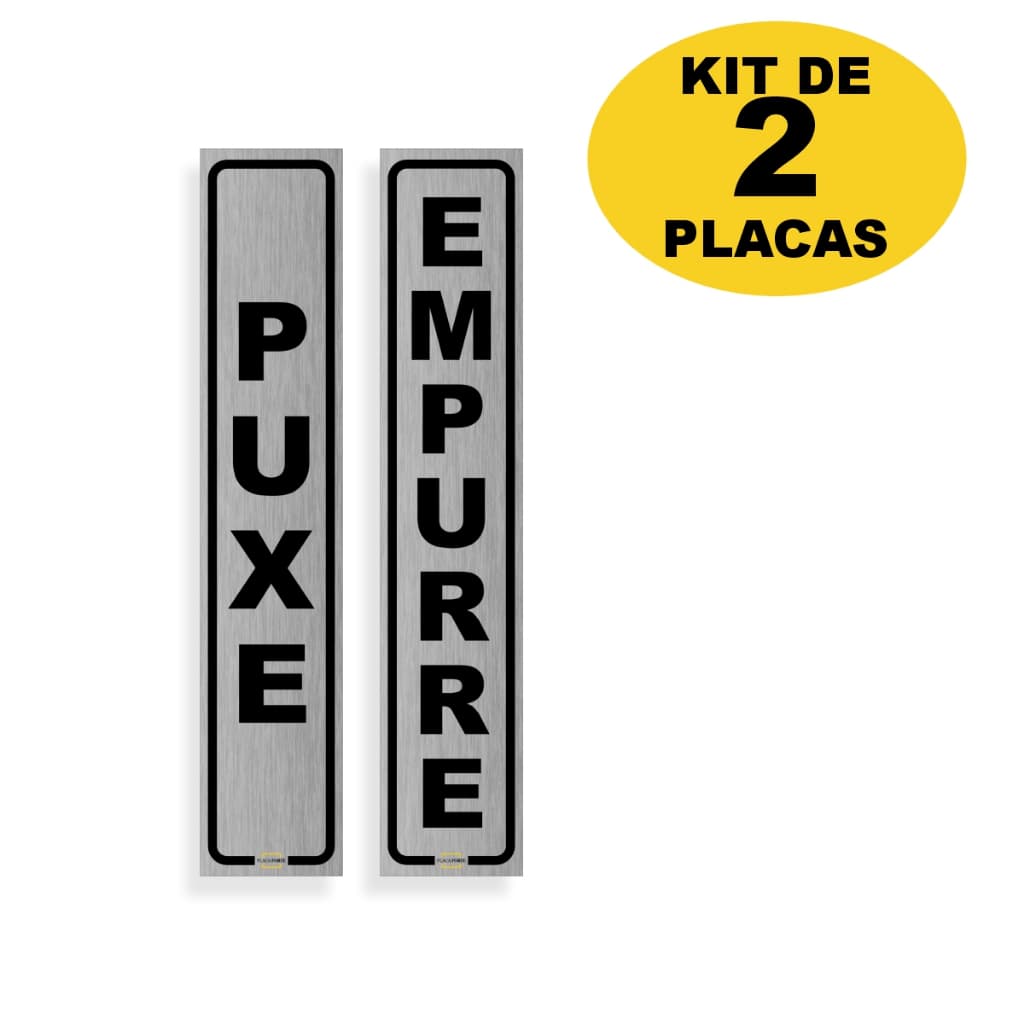 2 Placas Sinalização Vertical Puxe Empurre Aço Escovado Aviso 4x20cm PS 1mm