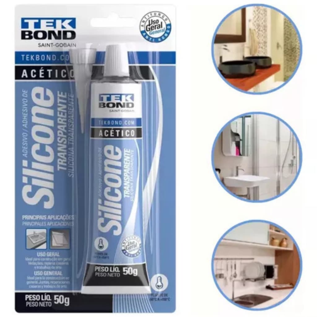 Silicone Acético Bisnaga 50g Branco ou Transparente | Veda e Sela superfícies como Pia, Box, Calhas, Vidros Tekbond