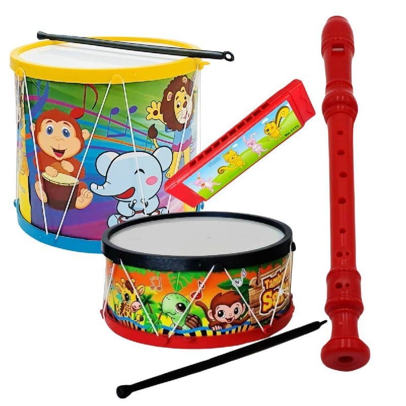 Kit Bumbo Infantil Gaita Tambor Grande Flauta Tamborzinho 4 Instrumentos Musicais Menina Menino