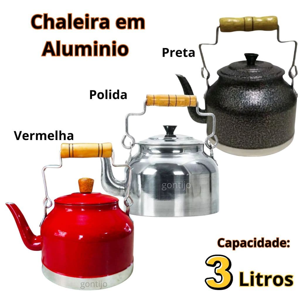 🥇Chaleira de alumínio café ou chá Vermelha Preta ou Prata Polida 2 Litros Bule Industrial com alça em Madeira.