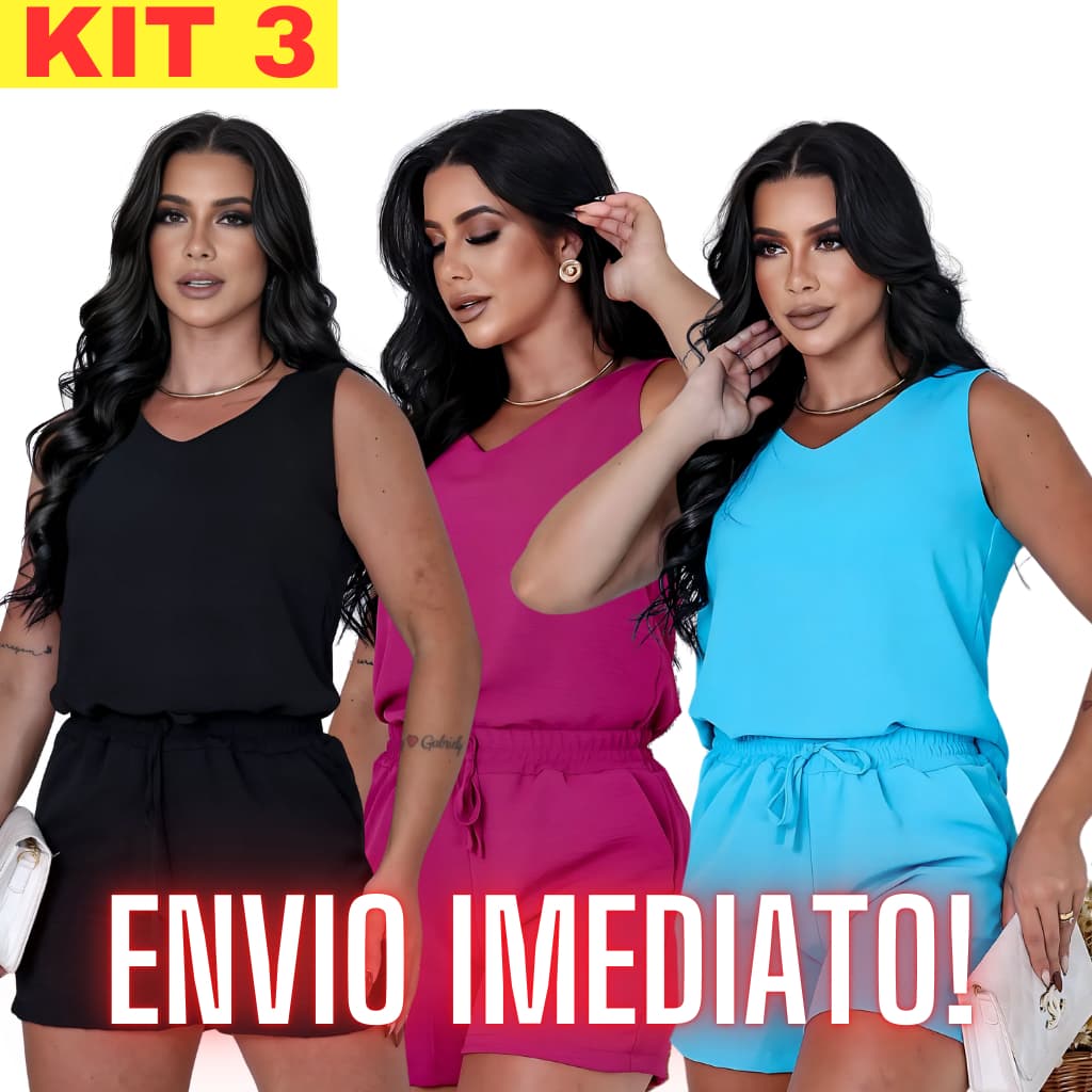 KIT 3  Conjunto Feminino Blusa Regata e Short Com Bolso Cintura Alta Duna Não Amassa Verão