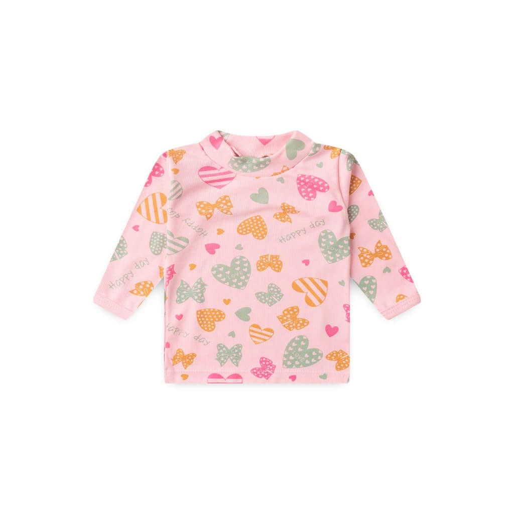 Camiseta Bebê Feminina Canelada Manga Longa Rosa Coração (1/2/3) - Top Chot