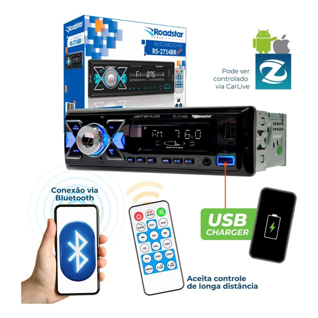 Rádio Mp3 Roadstar Bluetooth Usb Carrega Celular Painel Led Radio Potente