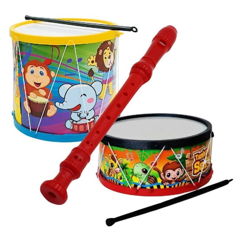 Kit Tambor Infantil Grande Bumbo Flauta 3 Brinquedo Musical Menino Menina Educacional