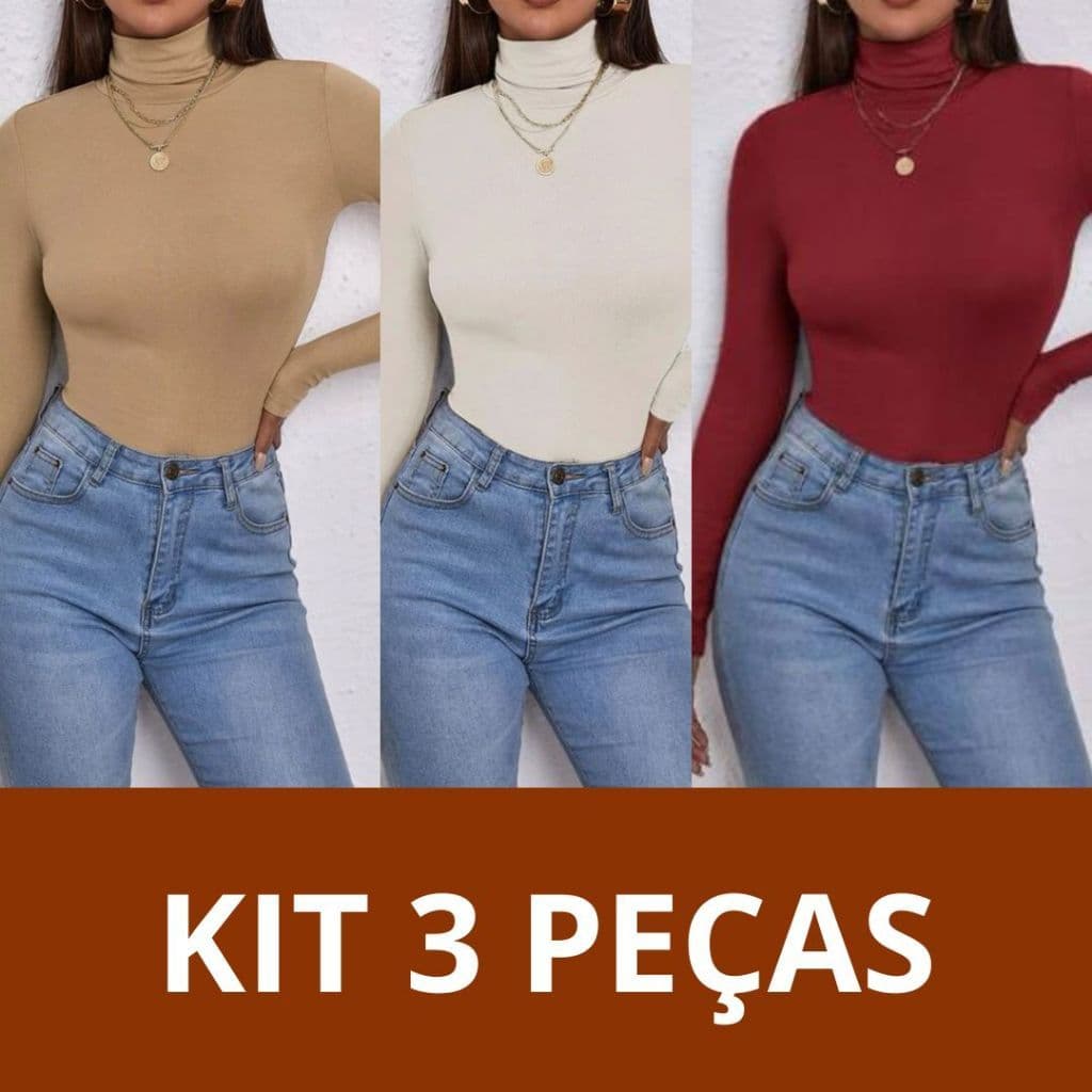 Body Feminino Canelado Diversas Cores KIT C/3 Unidades