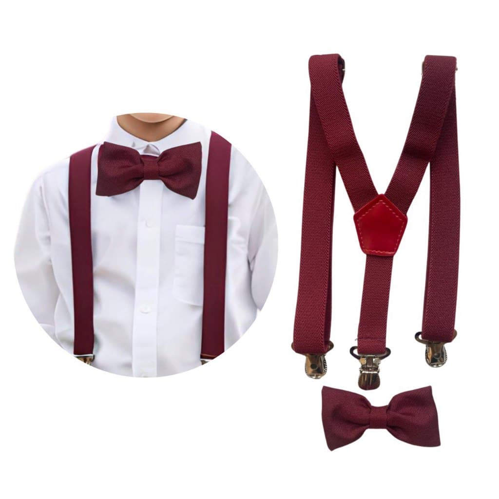 Kit Suspensório E Gravata Borboleta Infantil Vinho Marsala Bordô 0/9 anos e Outras Cores Pajem Batizado Formatura Festa