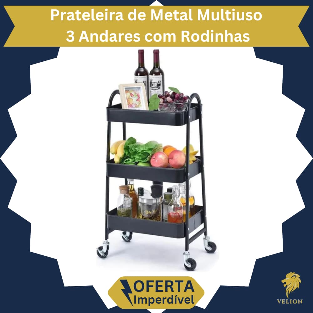 Prateleira de Metal Multiuso  3 Andares com Rodinhas Carrinho Fruteira  Suporte Rígido 46x30x77cm