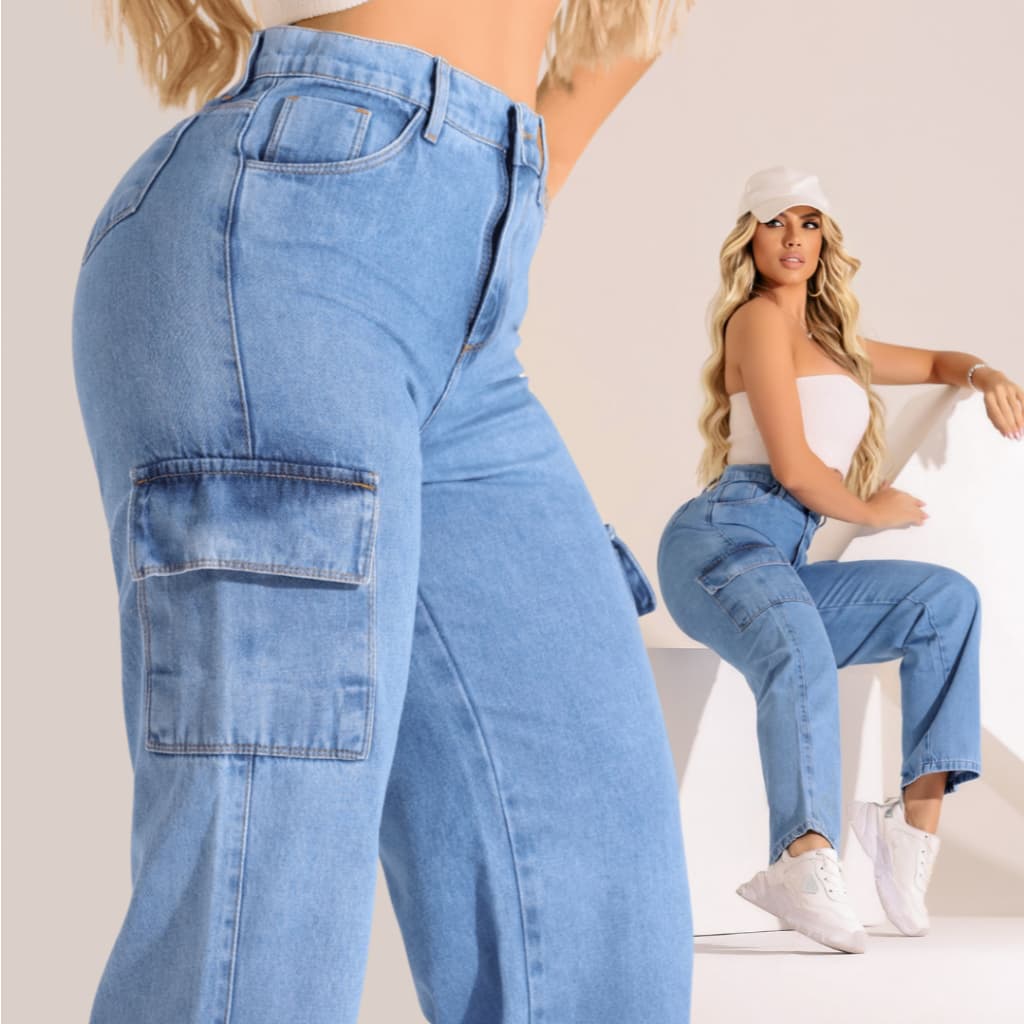 Calça Feminina Wide Leg Cargo Cintura Alta 100% Algodao Cos Alto Pantalona Calça Jeans Feminina Cargo