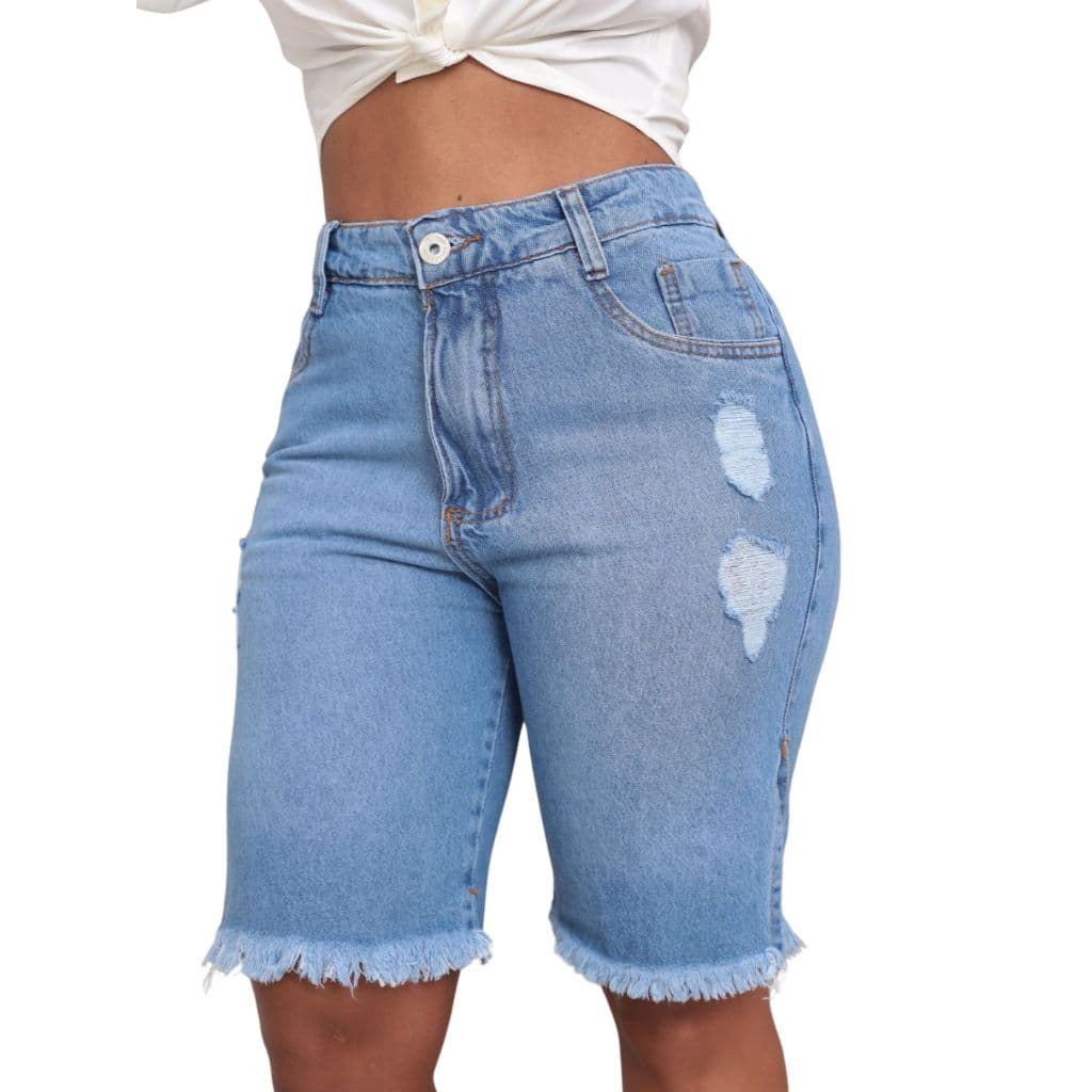 Bermuda Jeans Feminina Barra Desfiada com Puídos