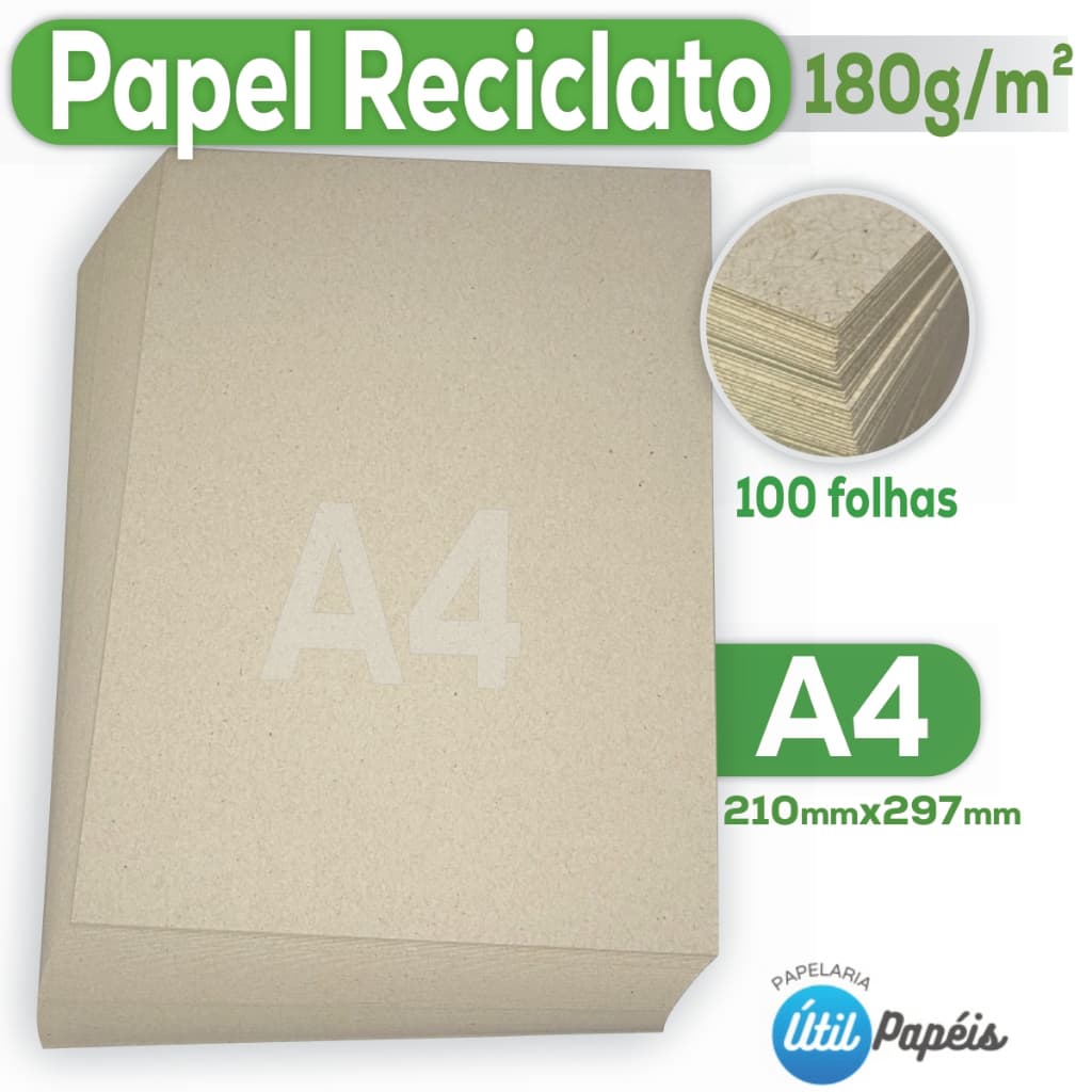 Papel Reciclado 180g A4 Pacote com 25/150 Folhas Eco Sulfite Premium Jato de tinta e Laser 210x297mm