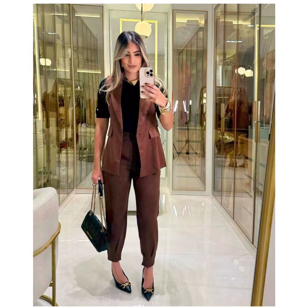 Colete feminino longo comprido alfaiataria moda gringa cinto colete social