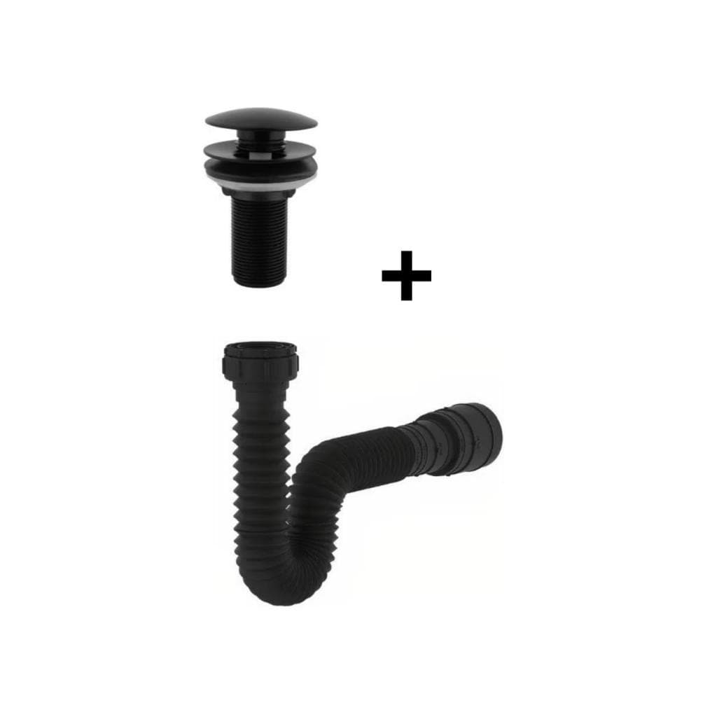 Válvula Click em ABS Preta 7/8  Para Cuba + Sifão Preto Flexível Sanfonado Universal