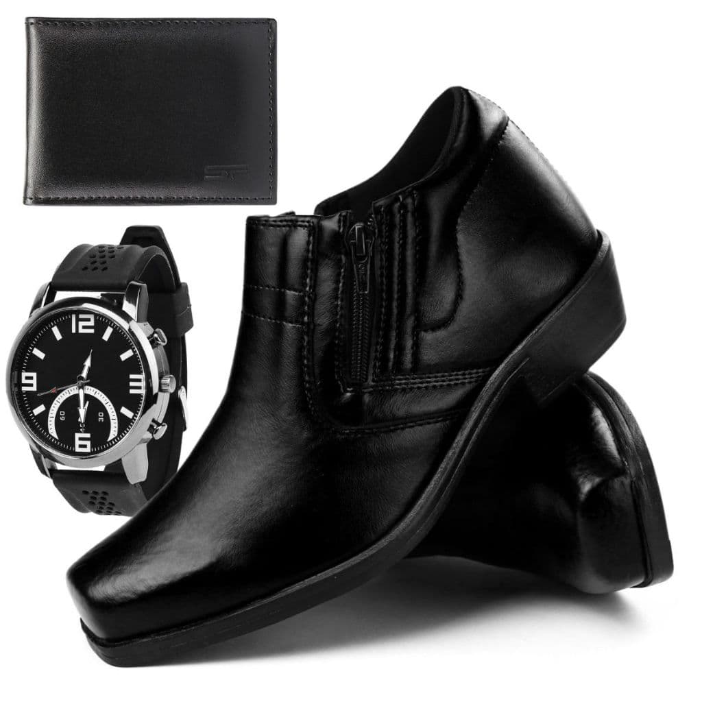 Kit Bota Masculina Social Zíper Country Salto Baixo Botinha + Relógio e Carteira