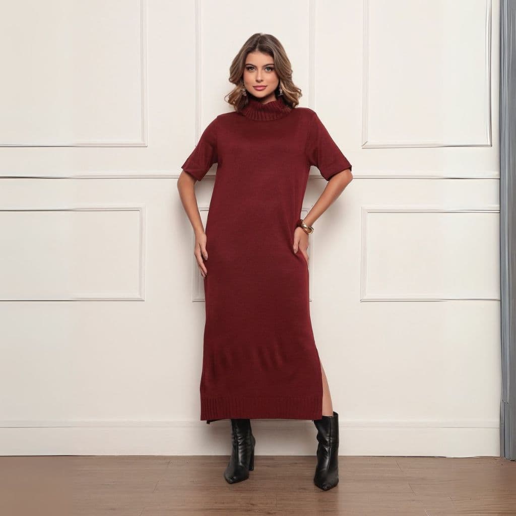 Vestido Tricot Gola Alta Mídi Manga Curta Com fendas Laterais Tricô Elegante Moda Feminina Inverno