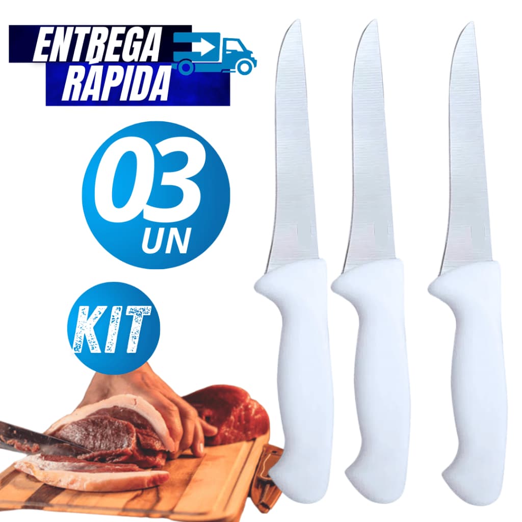 Kit 03/02 Unidades Facas Linha Top Chef Faca 6" Com 26,8 Cm Linha Premium Inox Cabo Branco Variáveis Utilidades