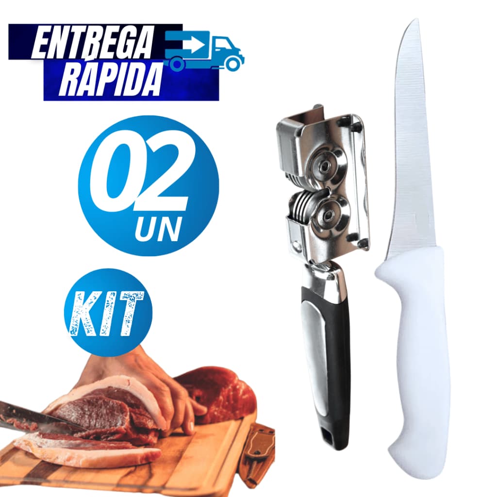 Jogo Kit 2 Uni - 1 Amolador Afiador 1 Facas Linha Top Chef Faca 6" Com 26,8 Cm Linha Premium Inox Cabo Branco Variáveis