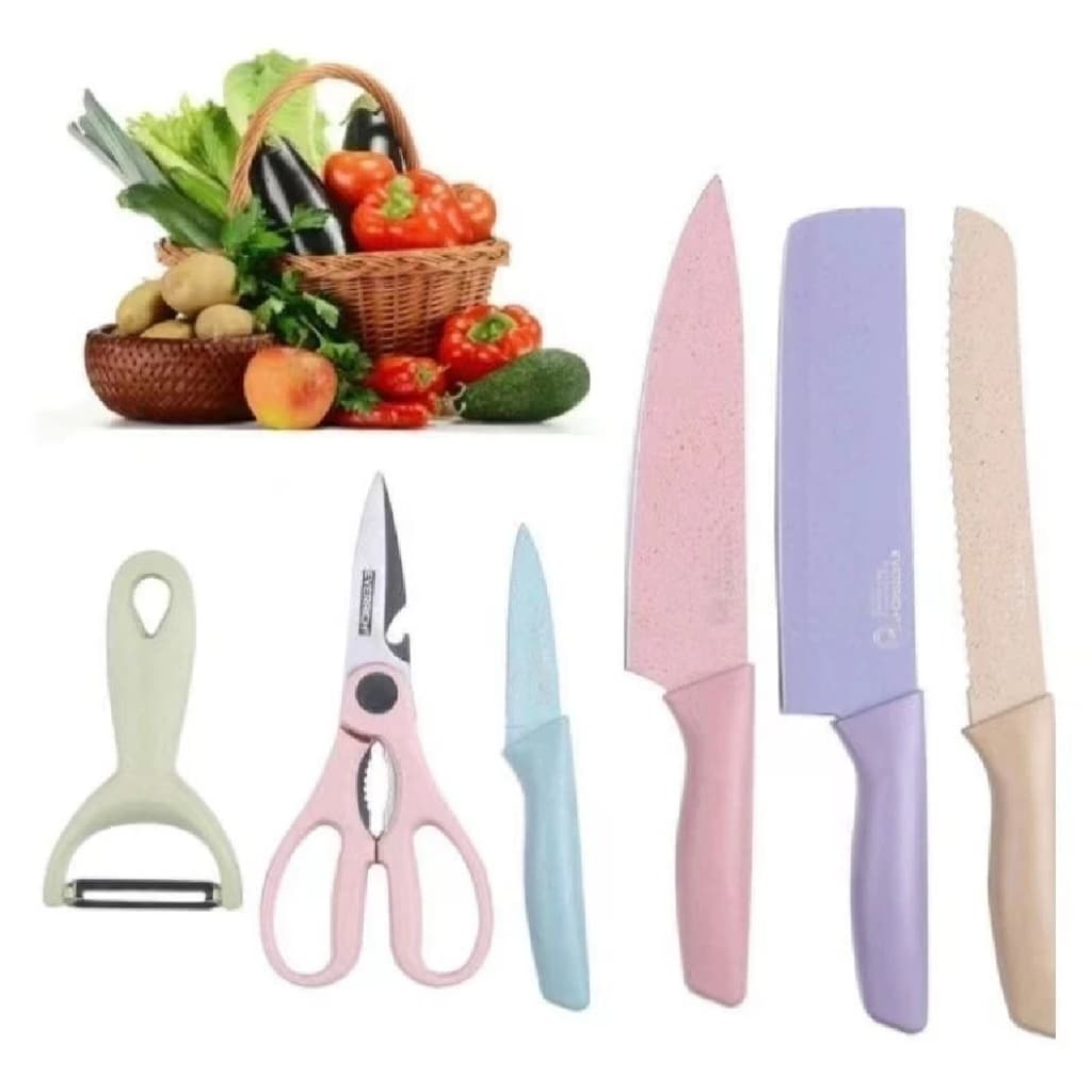 Kit de Conjunto Facas Coloridas Tesoura Descascador Cozinha Gourmet 6 Peças