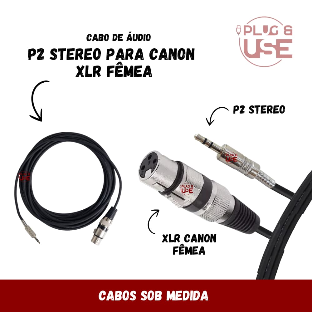 Cabo P2 Stereo Canon Xlr Fêmea Balanceado Niquel