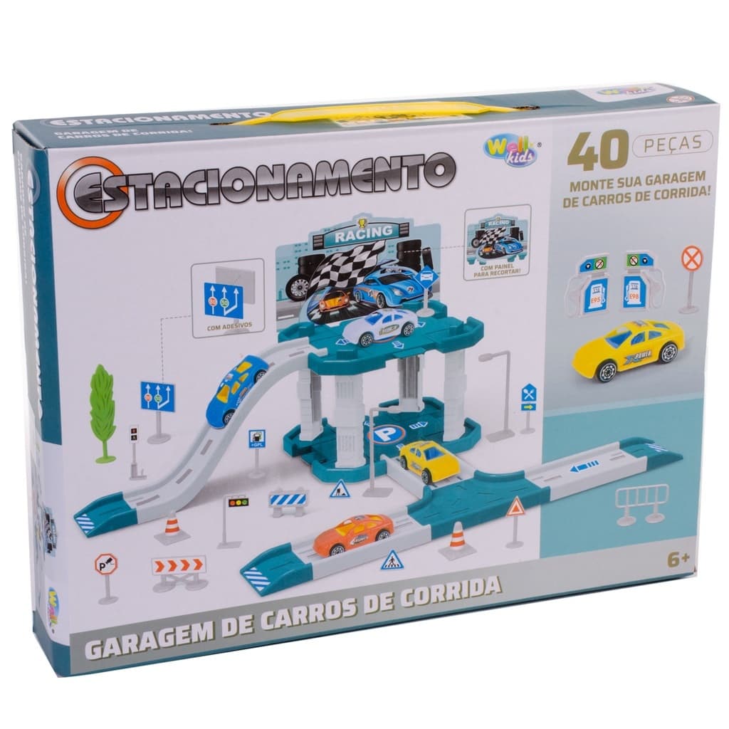 Monta Monta Brinquedo Estacionamento Garagem Carros de Corrida 40 Peças c/ 2 Carrinhos