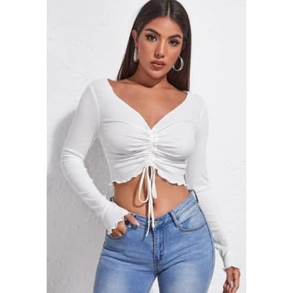 Cropped Feminino Manga Longa Decote V Tecido Rivana Drapeado Gringa Tamanho UNICO