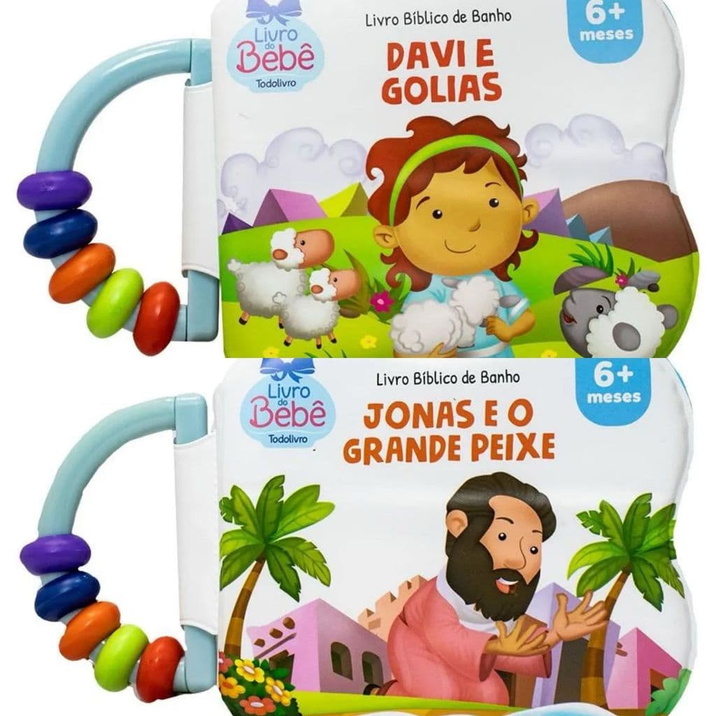 kit 2 livros de Banho Biblico com chocalho Jonas+Davi e Golias