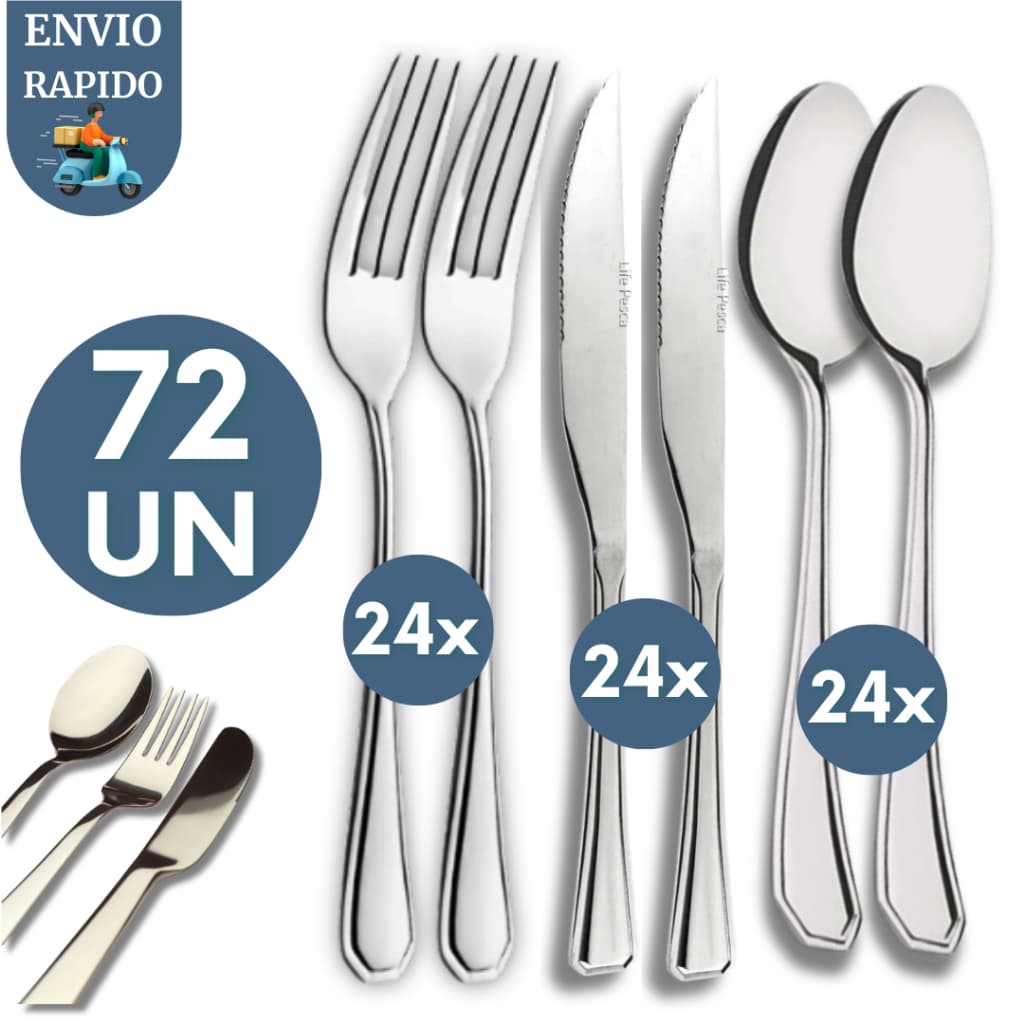 Kit 72 Talher de Mesa Aço Inox Colher Garfo Faca Enxoval Casa Restaurante Churrascaria Pizzaria