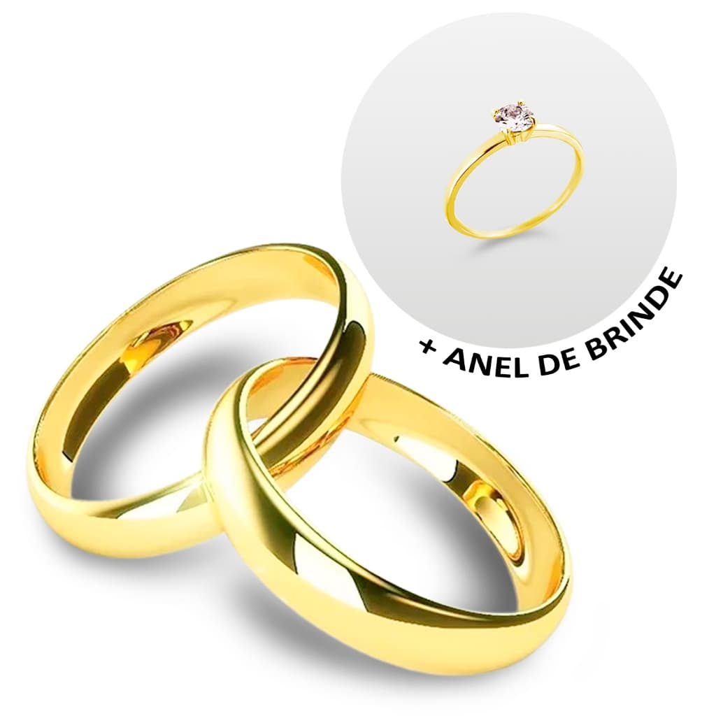Par De Aliança Moeda Antiga Mais Anel Solitário Casamento Noivado Namoro 4MM Dourada