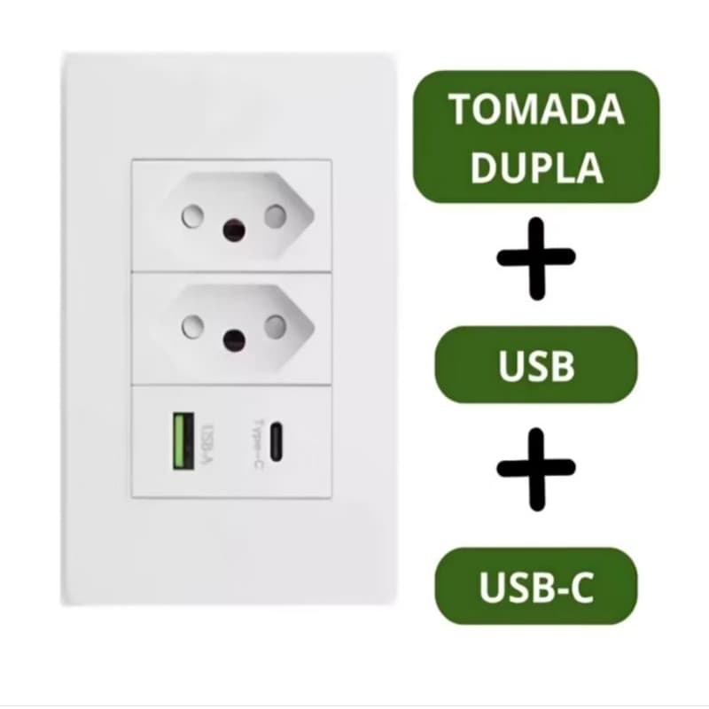 Tomada de Parede Dupla com entrada USB e tipo C 5V Bivolt - 4 em 1 carregamento Rápido mult