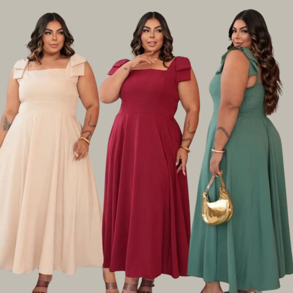 Vestido  PLUS SIZE Mídi feminina moda evangélica com laço Elegante