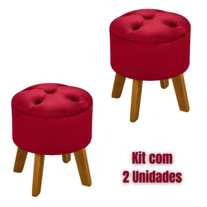 Kit 2 Puffs redondo veludo capitone vermelho com pe madeira decorativo