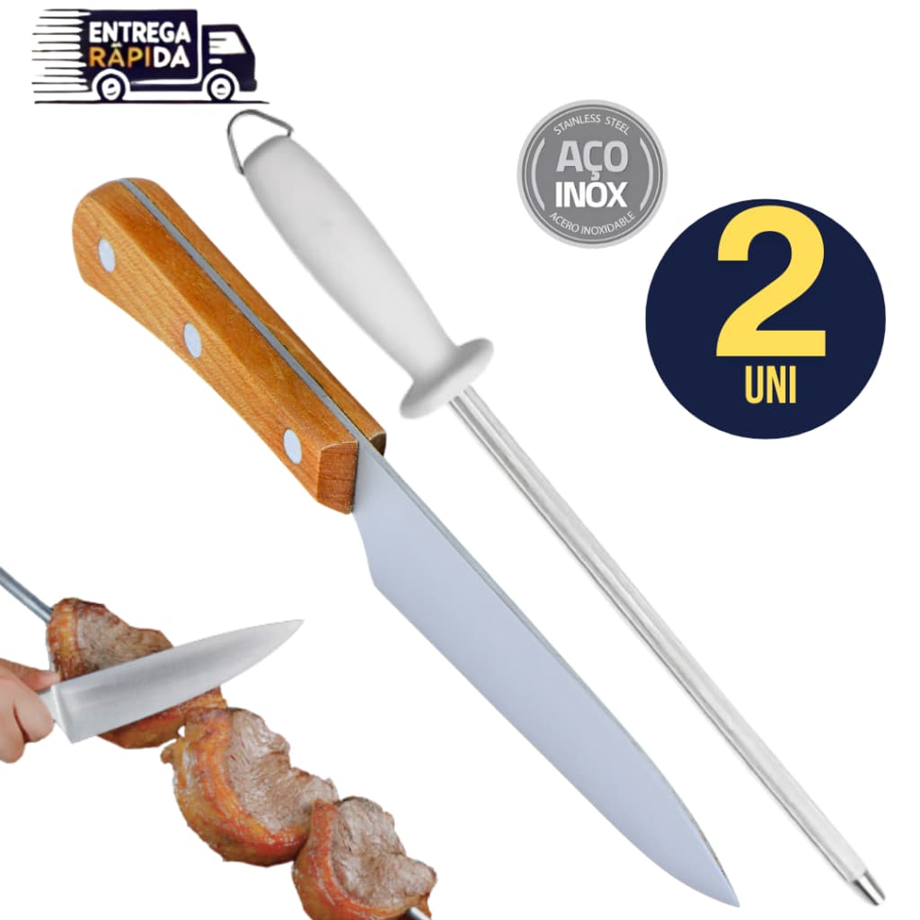 Conjunto 2 Peças 1 Faca Cabo de Madeira 7" -  1 Chaira 10" polegadas Carne Churrasco Variáveis Utilidades Inox Amolador