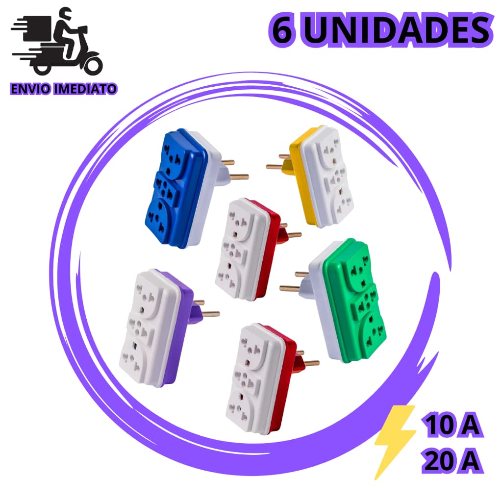 Kit 6 Adaptador de Tomada Benjamin T Universal 3 Entradas 10A e 20A Bivolt para Casa e Comércio