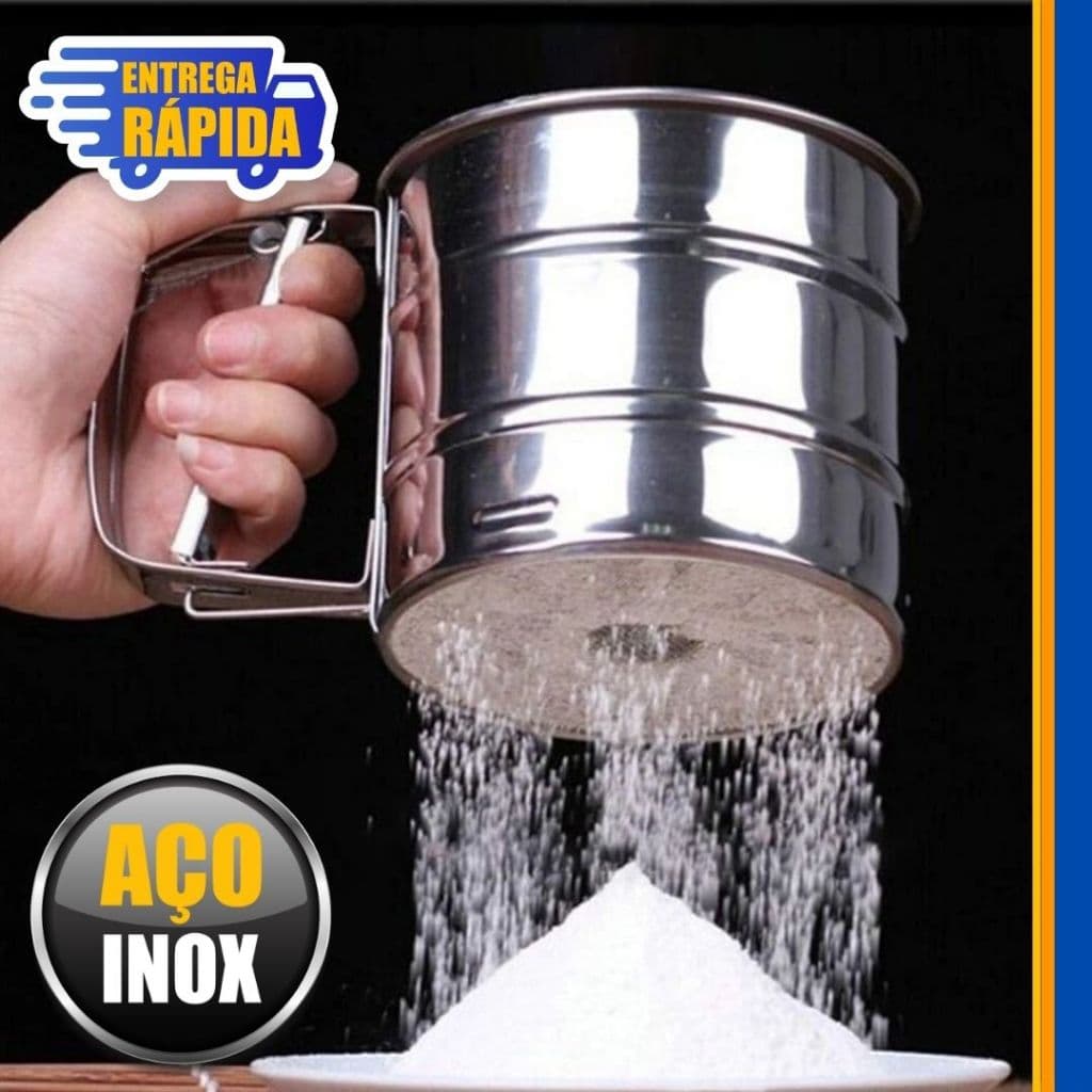 Polvilhador Peneira Caneca de farinha inox com gatilho 10x5x9 cm