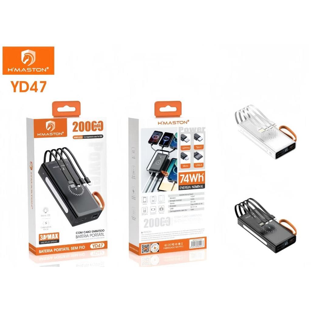 Carregador Portátil Power Bank Turbo Bateria 20000mah Por Indução Universal Com Cabos Lanterna