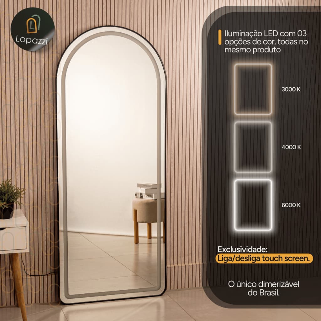 Espelho Lopazzi Oval Corpo Inteiro Base Reta com Moldura Led Quarto Loja 170x70 Grande