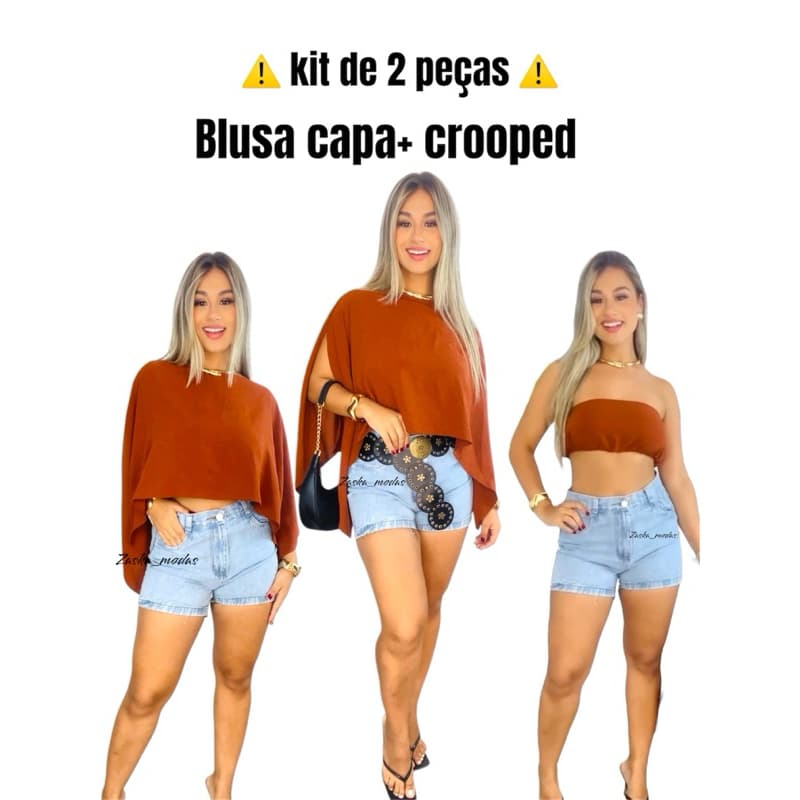 Blusa Capa Multiformas com Top Cropped Kit de 2 peças Moda Boho